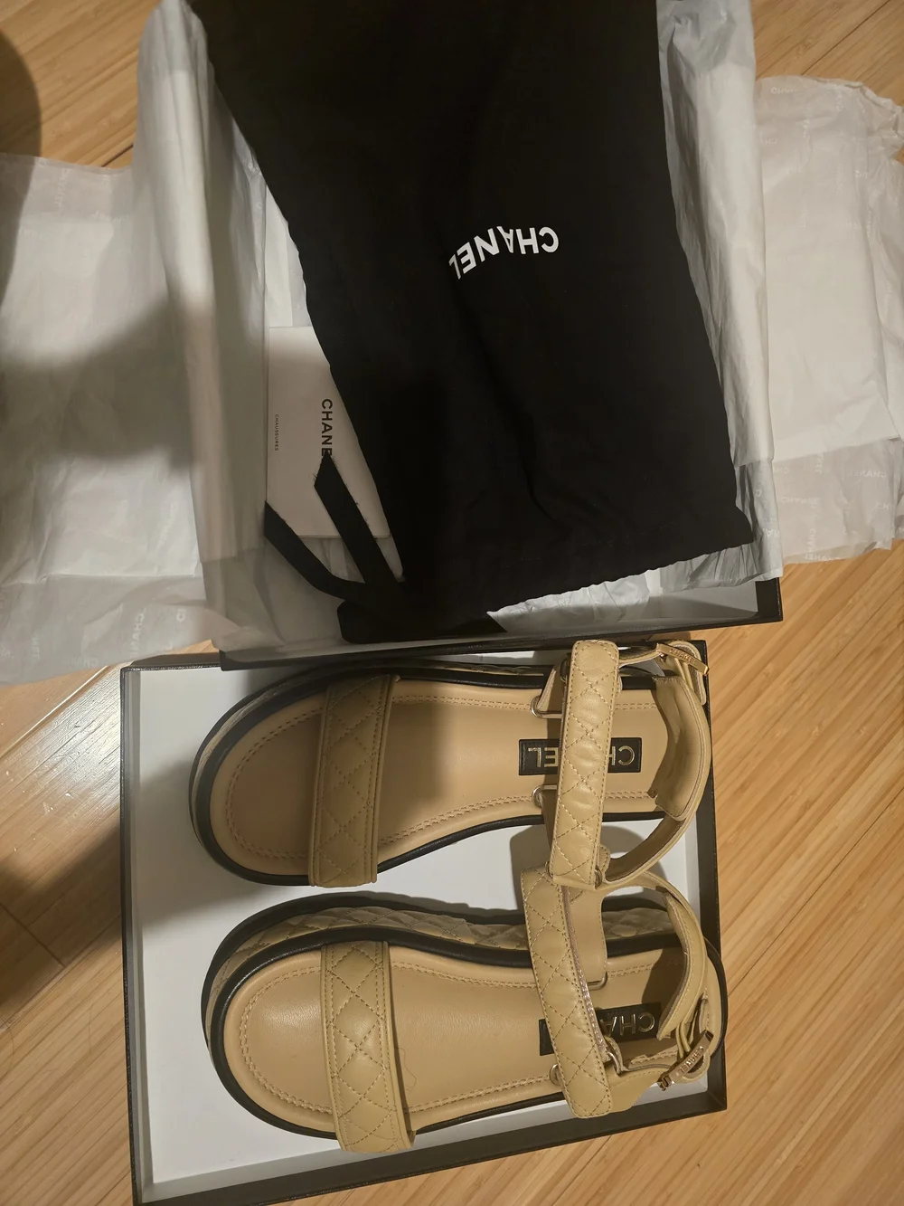 Chanel 22A Quilted Lambskin Platform Sandals - Beige/Black - Size 38C (New) - Picture 9 of 11
